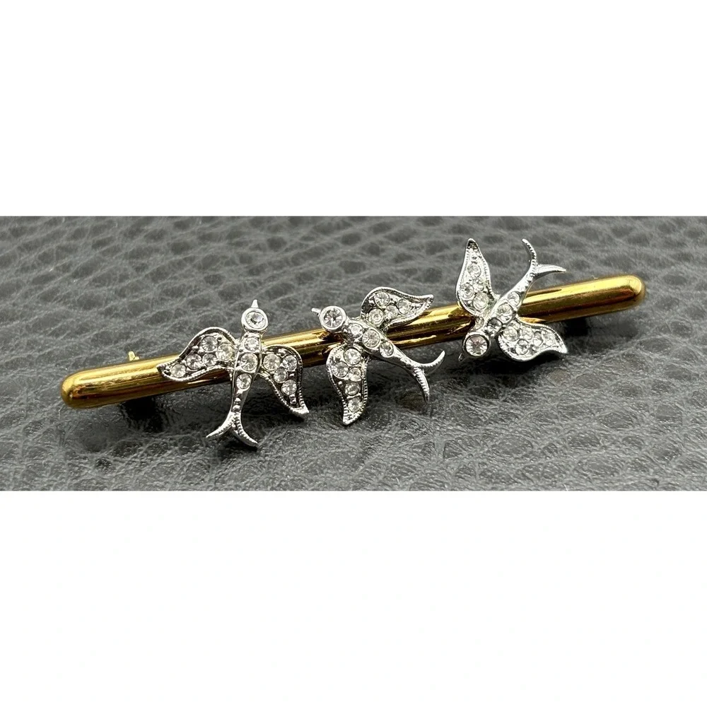 Atwood & Sawyer Victorian Revival Rhinestone Swallow Birds Bar Brooch Gold Tone